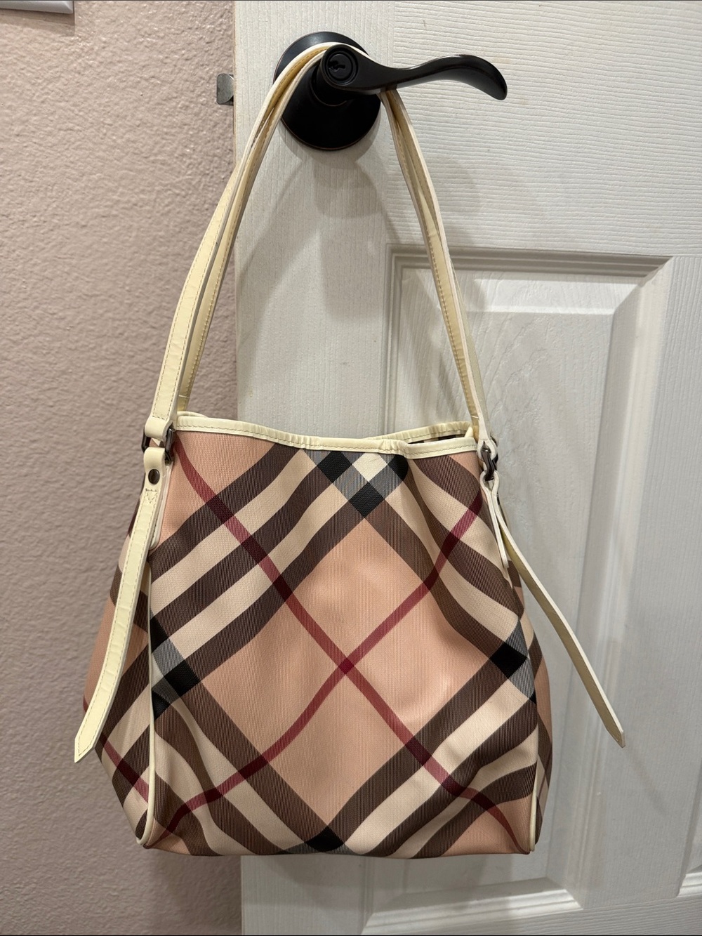 Burberry Classic Plaid Pink Tote Bag with Cream Trim
